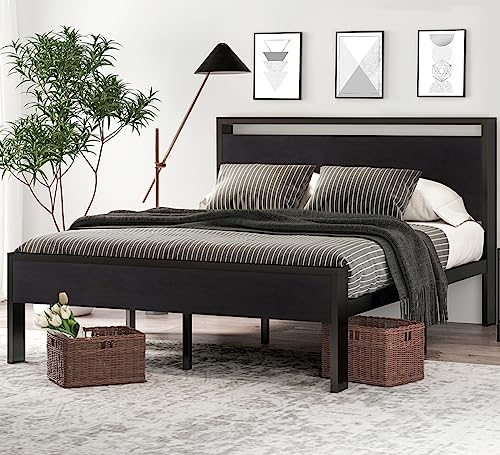 14" Queen Metal Platform Bed Frame, Wooden Headboard, Footboard