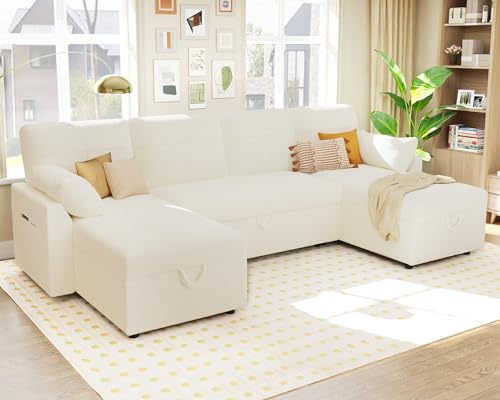 White Boucle Sleeper Sectional Sofa with Double Storage Chaise