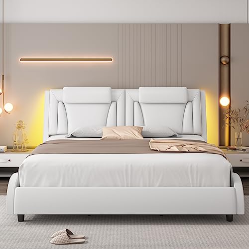 Keyluv Modern LED Upholstered King Bed Frame, Curve Design