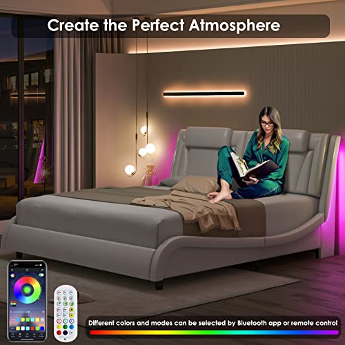 Keyluv Modern LED Upholstered King Bed Frame, Curve Design
