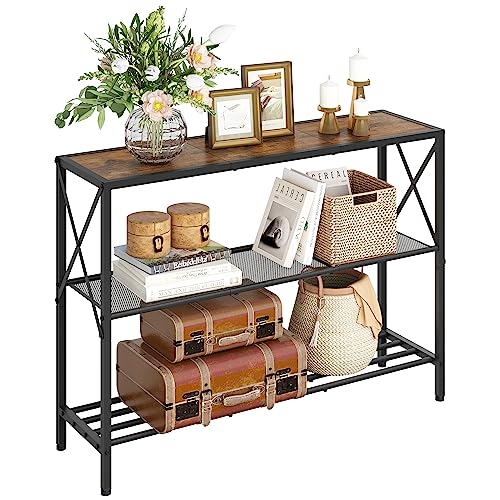 Rustic Brown&Black 3-Tier Industrial Console Table with Shelves