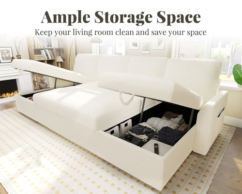 White Boucle Sleeper Sectional Sofa with Double Storage Chaise