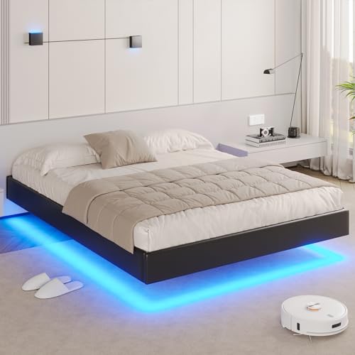 Modern LED Floating Queen Bed Frame, Faux Leather