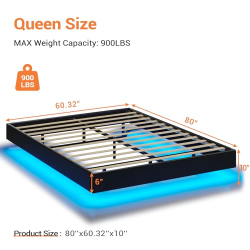 Modern LED Floating Queen Bed Frame, Faux Leather