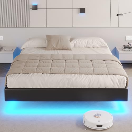 Modern LED Floating Queen Bed Frame, Faux Leather