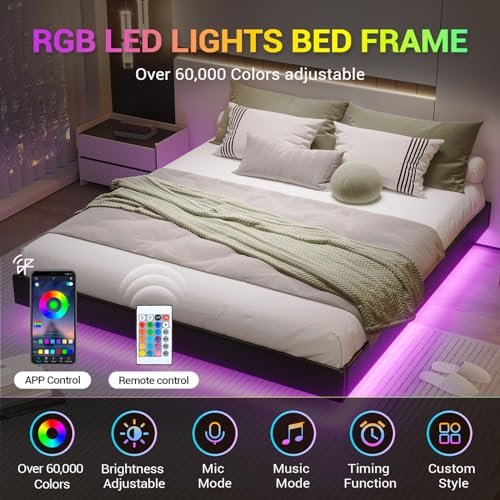 Modern LED Floating Queen Bed Frame, Faux Leather