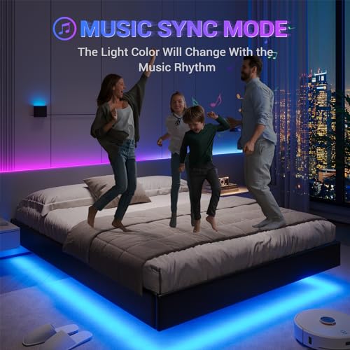 Modern LED Floating Queen Bed Frame, Faux Leather