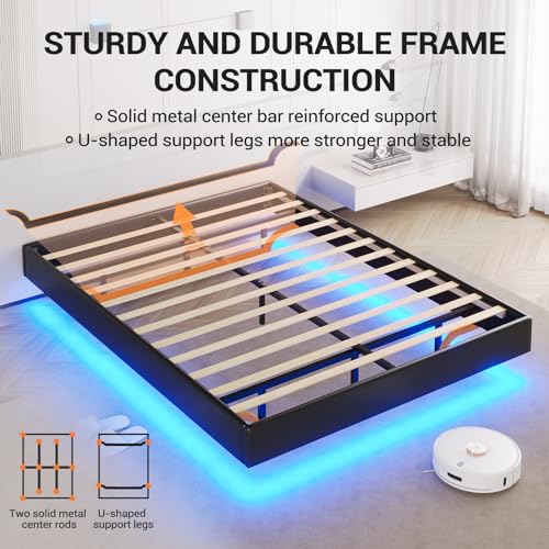 Modern LED Floating Queen Bed Frame, Faux Leather