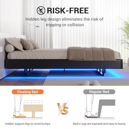 Modern LED Floating Queen Bed Frame, Faux Leather
