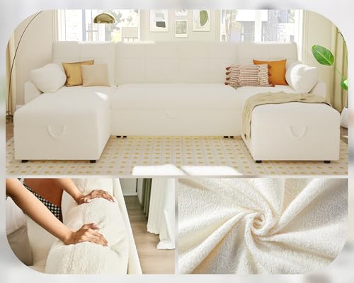 White Boucle Sleeper Sectional Sofa with Double Storage Chaise