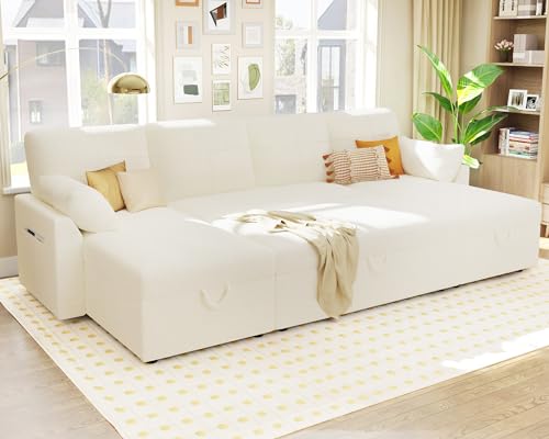 White Boucle Sleeper Sectional Sofa with Double Storage Chaise
