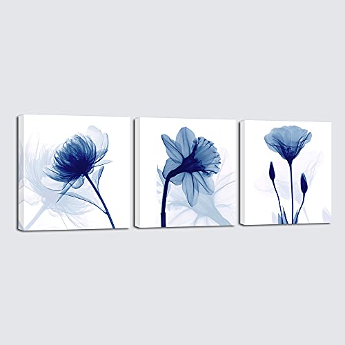 Blue Abstract Flowers 3 Panel Canvas Wall Art