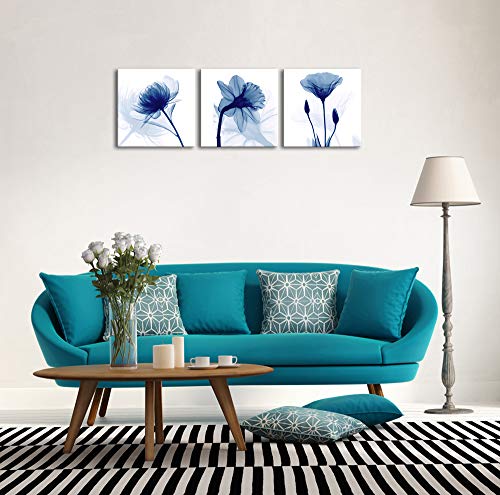 Blue Abstract Flowers 3 Panel Canvas Wall Art