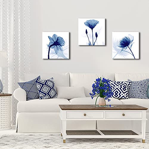 Blue Abstract Flowers 3 Panel Canvas Wall Art