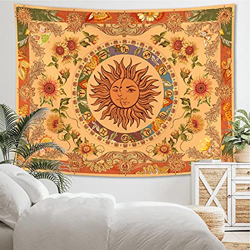 Yellow Sun and Moon Tapestry with Boho Aesthetic