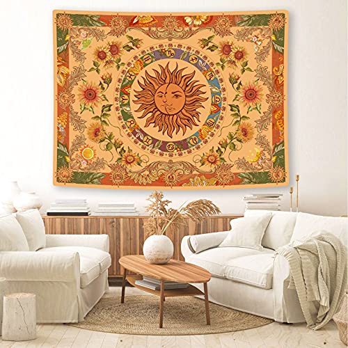 Yellow Sun and Moon Tapestry with Boho Aesthetic