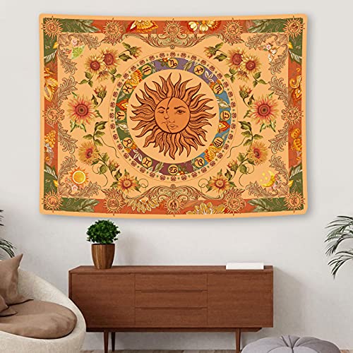 Yellow Sun and Moon Tapestry with Boho Aesthetic