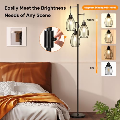 Dimmable Industrial Floor Lamp with Elegant Teardrop Cage