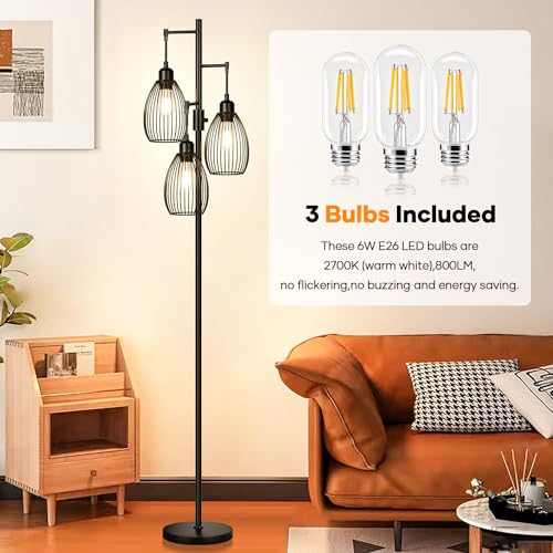 Dimmable Industrial Floor Lamp with Elegant Teardrop Cage