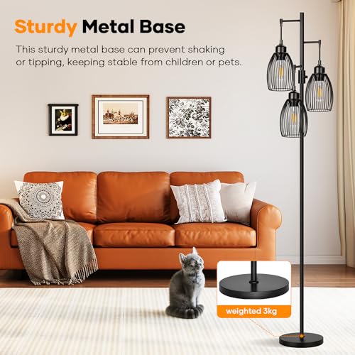 Dimmable Industrial Floor Lamp with Elegant Teardrop Cage