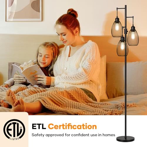 Dimmable Industrial Floor Lamp with Elegant Teardrop Cage