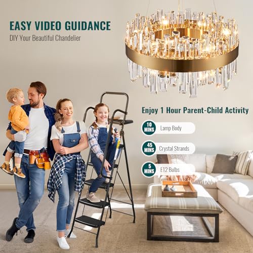 Modern 12-Light Crystal Chandelier, Brass Gold Finish, D19.7