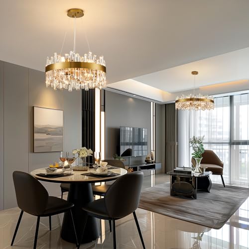 Modern 12-Light Crystal Chandelier, Brass Gold Finish, D19.7