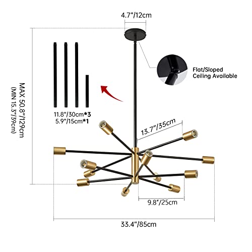 Gold and Black 12-Light Sputnik Chandelier - Modern Farmhouse