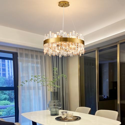 Modern 12-Light Crystal Chandelier, Brass Gold Finish, D19.7