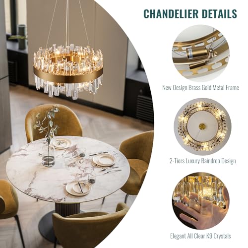 Modern 12-Light Crystal Chandelier, Brass Gold Finish, D19.7