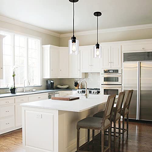 Modern Black Farmhouse Clear Glass Cylinder Pendant Lights - Set of 2