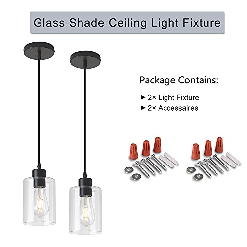 Modern Black Farmhouse Clear Glass Cylinder Pendant Lights - Set of 2