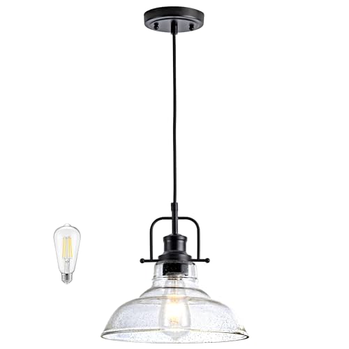 Black Industrial Pendant Light with Adjustable Cord and Glass Shade