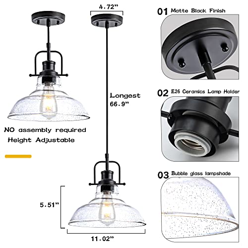 Black Industrial Pendant Light with Adjustable Cord and Glass Shade