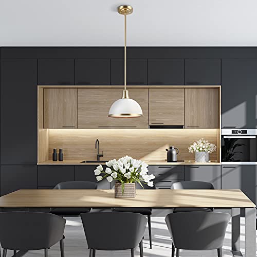 Matte White Pendant Light with Brass Accents, Modern/Vintage