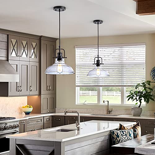 Black Industrial Pendant Light with Adjustable Cord and Glass Shade