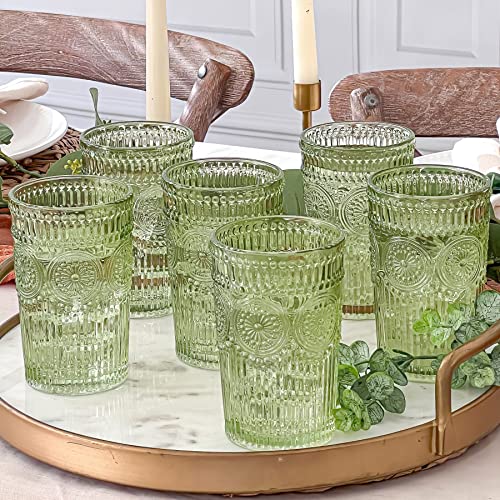 Set of 6 Vintage Sage Green Striped Drinking Glasses