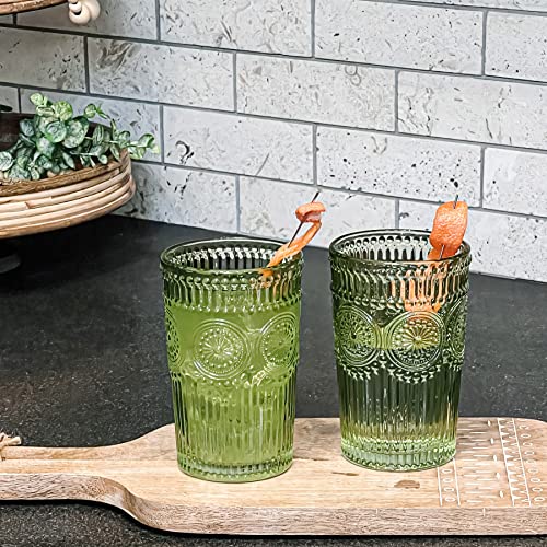 Set of 6 Vintage Sage Green Striped Drinking Glasses