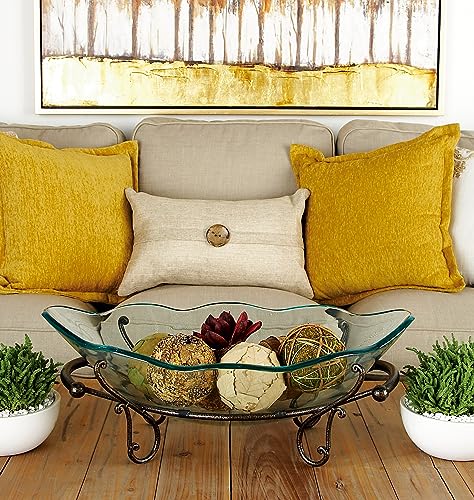 Glass bowl with metal scroll base, 23" x 14" x 9