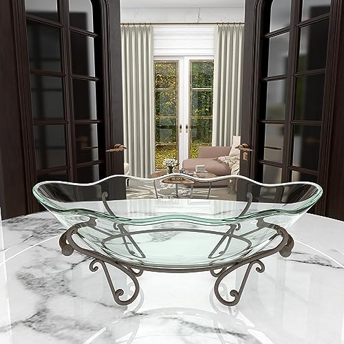 Glass bowl with metal scroll base, 23" x 14" x 9