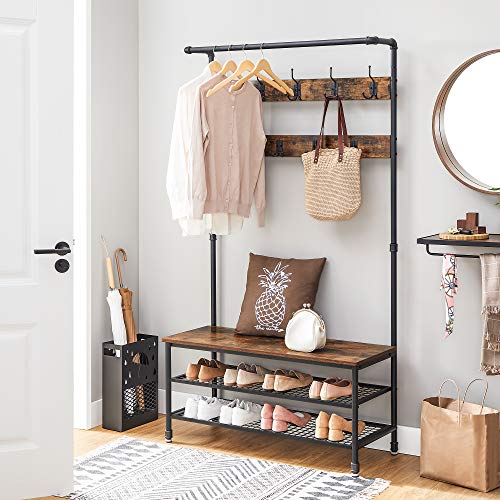 Industrial Coat Rack and Storage Bench with Hooks