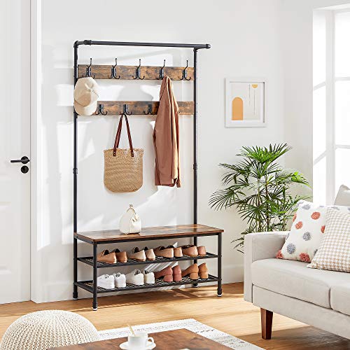 Industrial Coat Rack and Storage Bench with Hooks