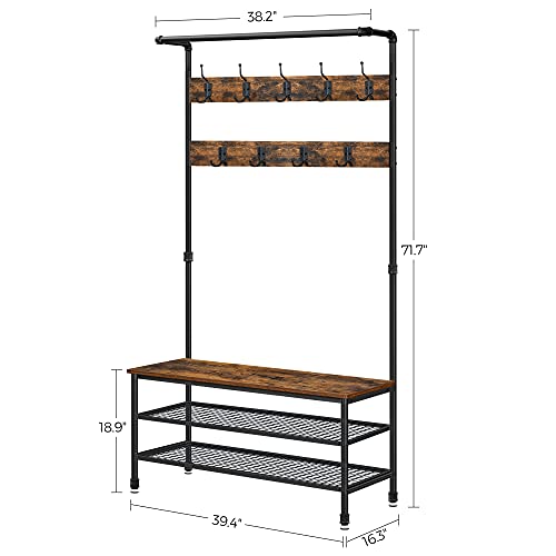 Industrial Coat Rack and Storage Bench with Hooks
