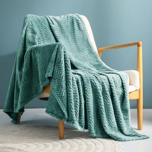 Soft Celadon Fleece Throw Blanket, Decorative Wave Texture