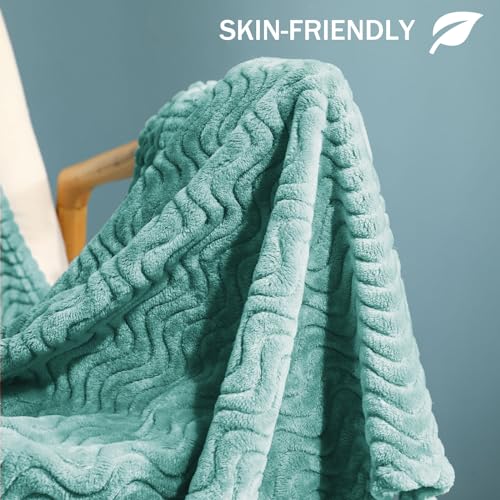 Soft Celadon Fleece Throw Blanket, Decorative Wave Texture