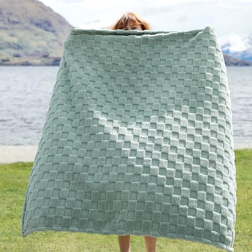 Sage Green Checkered Throw Blanket for Home Decor