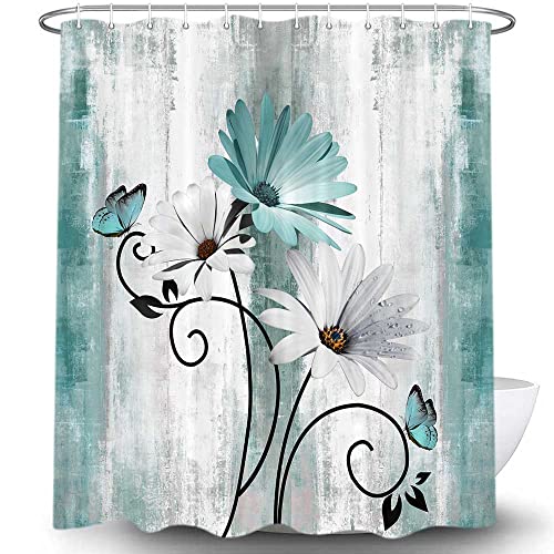 Rustic Farmhouse Teal Floral Shower Curtain With Hooks