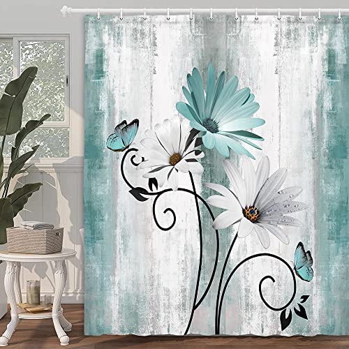 Rustic Farmhouse Teal Floral Shower Curtain With Hooks