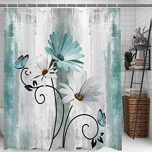 Rustic Farmhouse Teal Floral Shower Curtain With Hooks