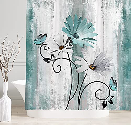 Rustic Farmhouse Teal Floral Shower Curtain With Hooks